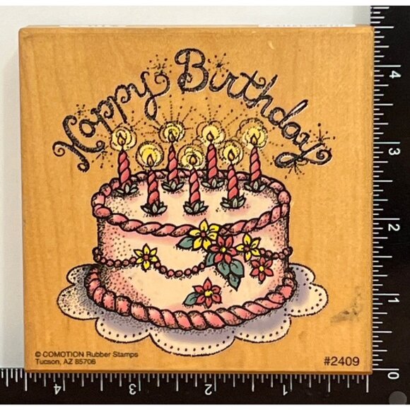 COMOTION # 2409 BIRTHDAY CAKE WOOD MOUNTED RUBBER STAMP - Picture 2 of 6
